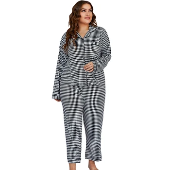 Women\'s de Mari Dimensiuni cu mâneci Lungi Pijamale Simplu Grilaj de Imprimare Serviciu Acasă Două Bucăți YUJN1