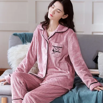 Flanel Pijamale Femei, pijamale set de iarna de sex feminin Topuri cu Maneci Lungi + Full Pantaloni pijamas cald Coral Catifea Pijamale pijama mujer