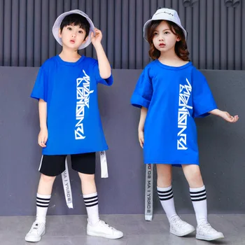 Moda Fete Baieti Tricou Albastru pentru Hip-Hop, Rock, Copii Jazz Dans Îmbrăcăminte pentru Dans Costume Copii Imbracaminte Vrac Scurte, Pantaloni