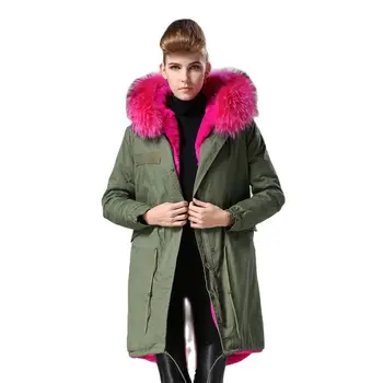 Top Hot pink pentru femei de moda timp real câine enot guler de sacou,iarna cald armata verde blana hanorac pentru domnul doamna haina