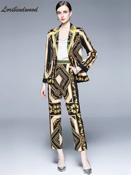 Imprimare de moda Blazer 2 Bucata Set pentru Femei cu Maneci Lungi Crestate Singur Buton Sacou Haina + Slim Pocket Creion Pantaloni Costume de Haine