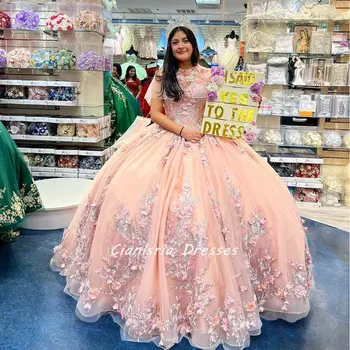 Fard de obraz Roz Dragă Corset Mexican Quinceanera Rochie Cu Împachetări Rochie de Bal Flori 3D Aplicatii de Dantela Vestidos De XV Anos