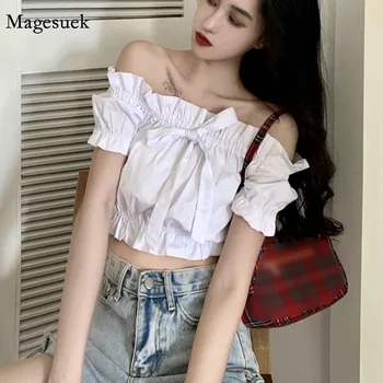 Coreea Style Scurt Maneca Tricou pentru Femei de Vară 2021 Sexy Topuri Scurte Solidă Bumbac de Pe Umăr Subțire Sweet Lady Shirt Blusa 14361