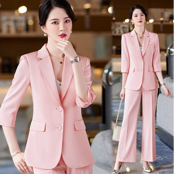 Korean Roz 2022Summer Nou Elegant pentru Femei Pantaloni Costum Sacou Casual Pantaloni Două bucata Set de Birou Carieră Trening Femei Blazer