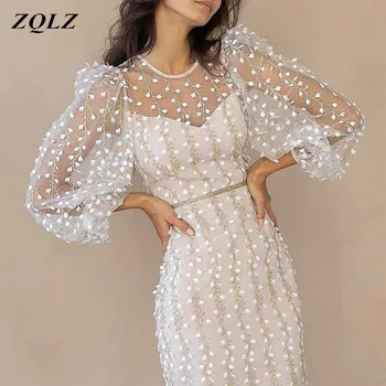 ZQLZ 2022 Femei Primavara-Vara Rochie Sexy din Dantela Fete Rochie de Petrecere Elegant Alb Echipajul Gât ochiurilor de Plasă Pur Uimitoare Femei Rochii linie dreaptă