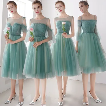 Frumusețea Emily Genunchi Lungime O Gâtului Verde Rochii de domnisoare de Onoare 2021 Moda Aplicatii de Dantela Scurta cu Maneca a-line Rochie de Petrecere de Nunta
